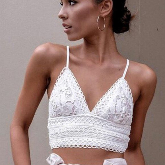 Lace Crochet V-Neck Crop Top White - Picture 2 of 8